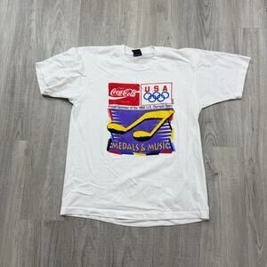 Vintage Coca Cola USA Olympics Shirt Men's Large White 1992 Single Stitch 90s
